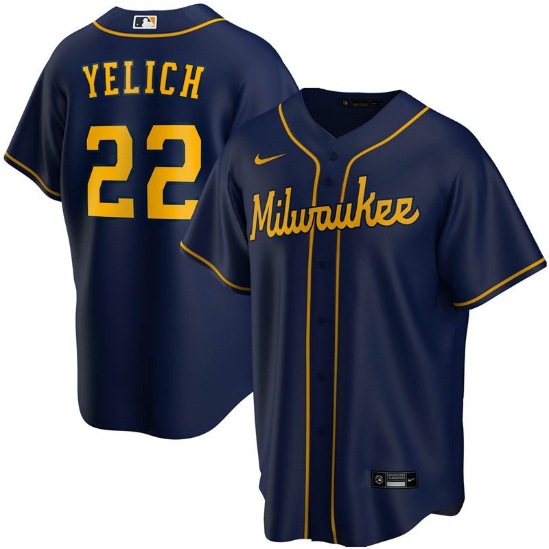 2020 MLB Men Milwaukee Brewers Christian Yelich Nike Navy Alternate 2020 Replica Player Jersey 1